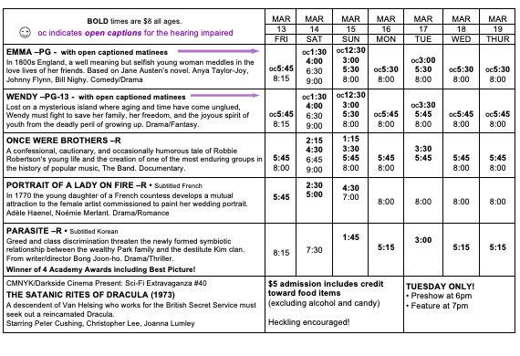 Darkside Cinema show times for this week starting Friday.